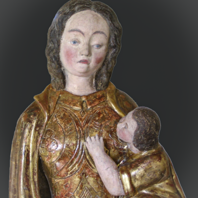 Vierge à l'enfant en pierre polychrome et dorée (XIVe s)